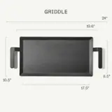 A rectangular cast iron griddle with dimensions of 24 inches by 19.6 inches is shown, featuring two handles on either side.