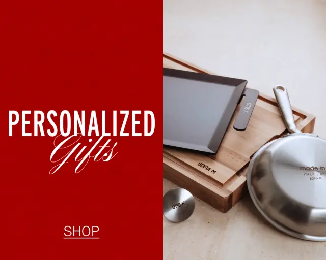 A selection of personalized kitchenware and gifts is displayed alongside bold text promoting personalized gifts.