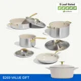 A collection of elevated cookware featuring a modern design with gold accents, including pots and pans with matching lids, highlighted as a $269 value gift and rated 5 Leaf for sustainability.