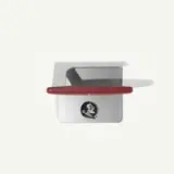 A metallic kitchen tool with a red handle, designed for slicing or serving, features a logo on its side.