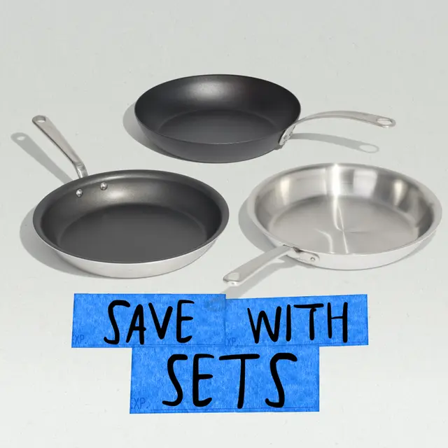 Three different types of frying pans are displayed above the text "SAVE WITH SETS" on a blue banner.