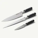 Three kitchen knives with black handles and stainless steel blades, featuring the engraving "MADE IN."