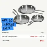 A promotional graphic showcasing a set of three stainless steel frying pans with savings details for a Winter Savings Event.