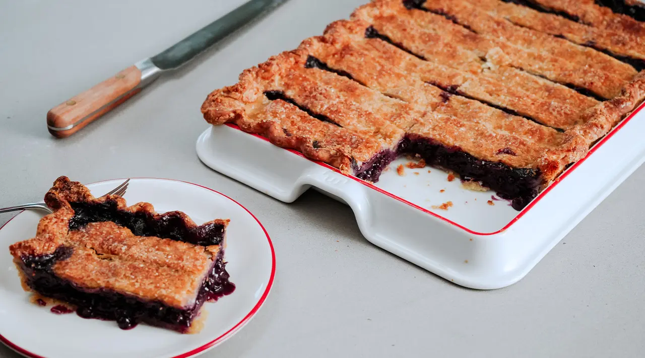 blueberry slab pie in baking slab