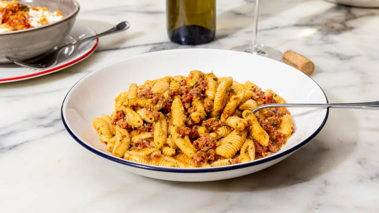 A bowl of pasta with tomato sauce and a sprinkling of herbs is ready to be enjoyed on a marble countertop, with a bottle of olive oil and a cork nearby.