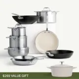 A collection of cookware, including various pots and pans in different finishes, is displayed with a label indicating a value of $269.