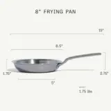An 8-inch frying pan is depicted, showing its dimensions and weight of 1.75 lbs.