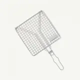 A metal grilling basket with a long handle designed for holding food over a grill.