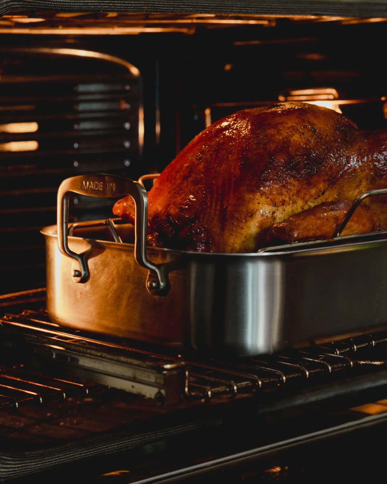 A golden-brown roasted turkey is resting in a roasting pan inside an oven.