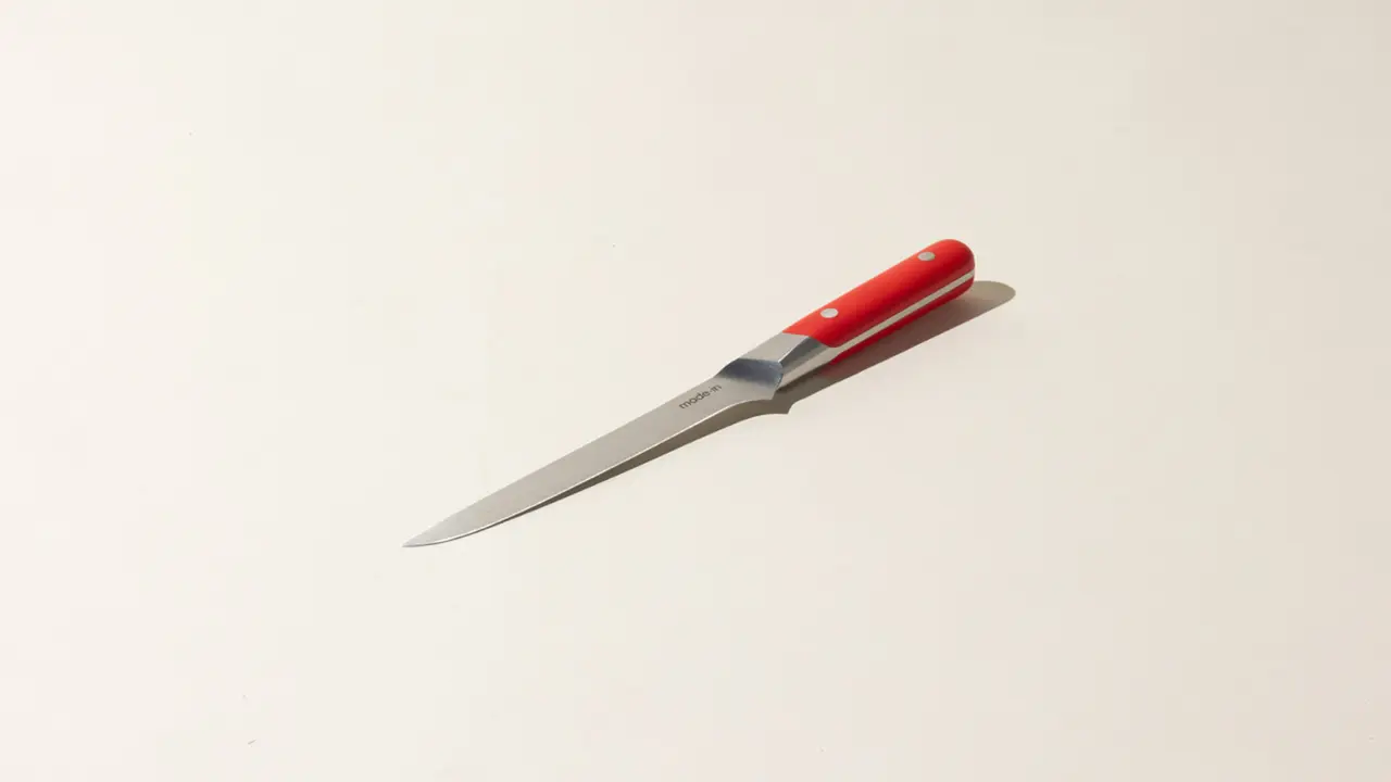 A paring knife with a red handle lies on a plain, light-colored surface.