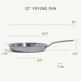 A 12-inch frying pan is shown with dimensions labeled, including a height of 1.75 inches, depth of 3.5 inches, and a weight of 3 pounds.