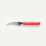 A paring knife with a curved blade and a red handle is centered on a plain white background.