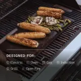 Grilled corn, chicken, and green beans are displayed on a grilling surface next to a list of cooking methods it supports, including electric, oven, gas, induction, grill, and open fire.