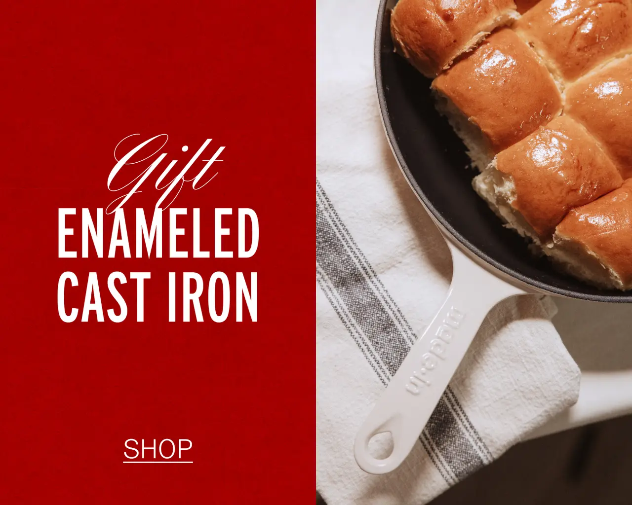 A white enameled cast iron skillet holds freshly baked rolls, accompanied by text promoting gift options.