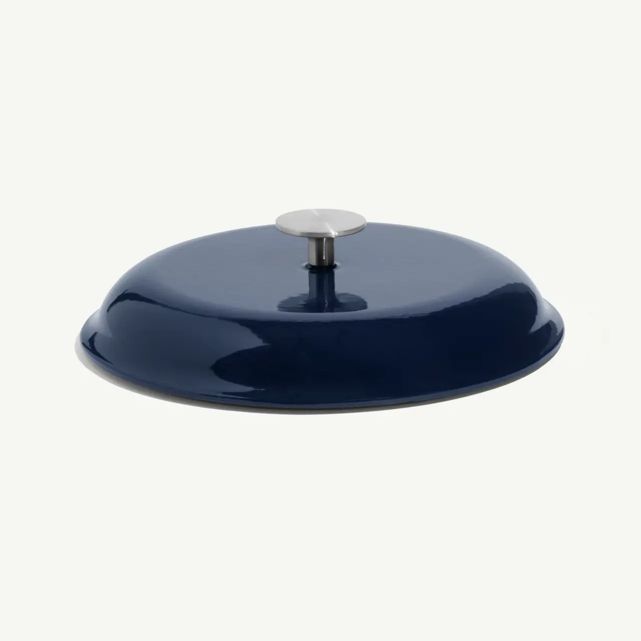 A blue enameled food cover with a stainless steel knob on top.