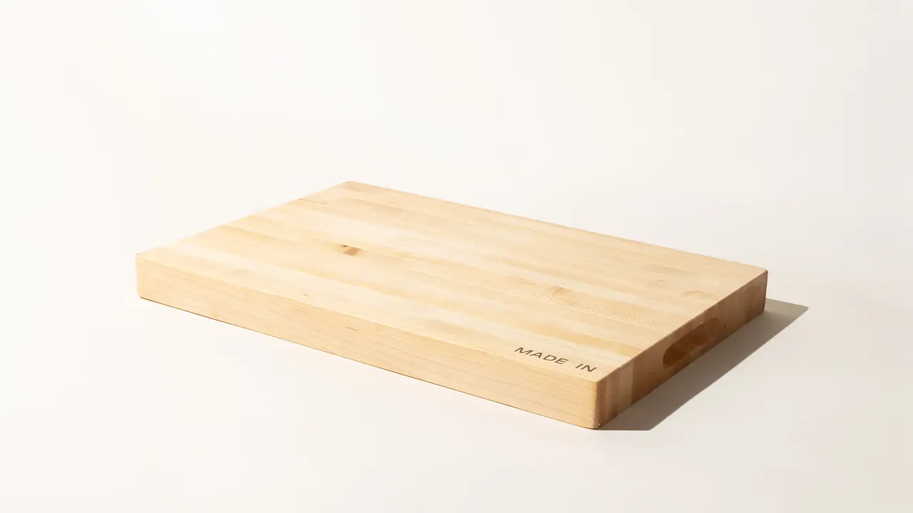 A plain wooden cutting board is displayed on a white background.