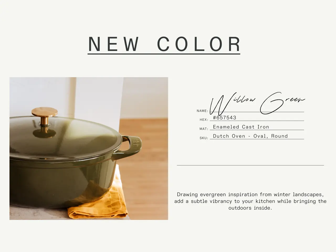 A promotional image featuring a new color for an enamel cast iron Dutch oven, displayed next to text describing the product with a swatch of the color and a description that it's inspired by winter landscapes.