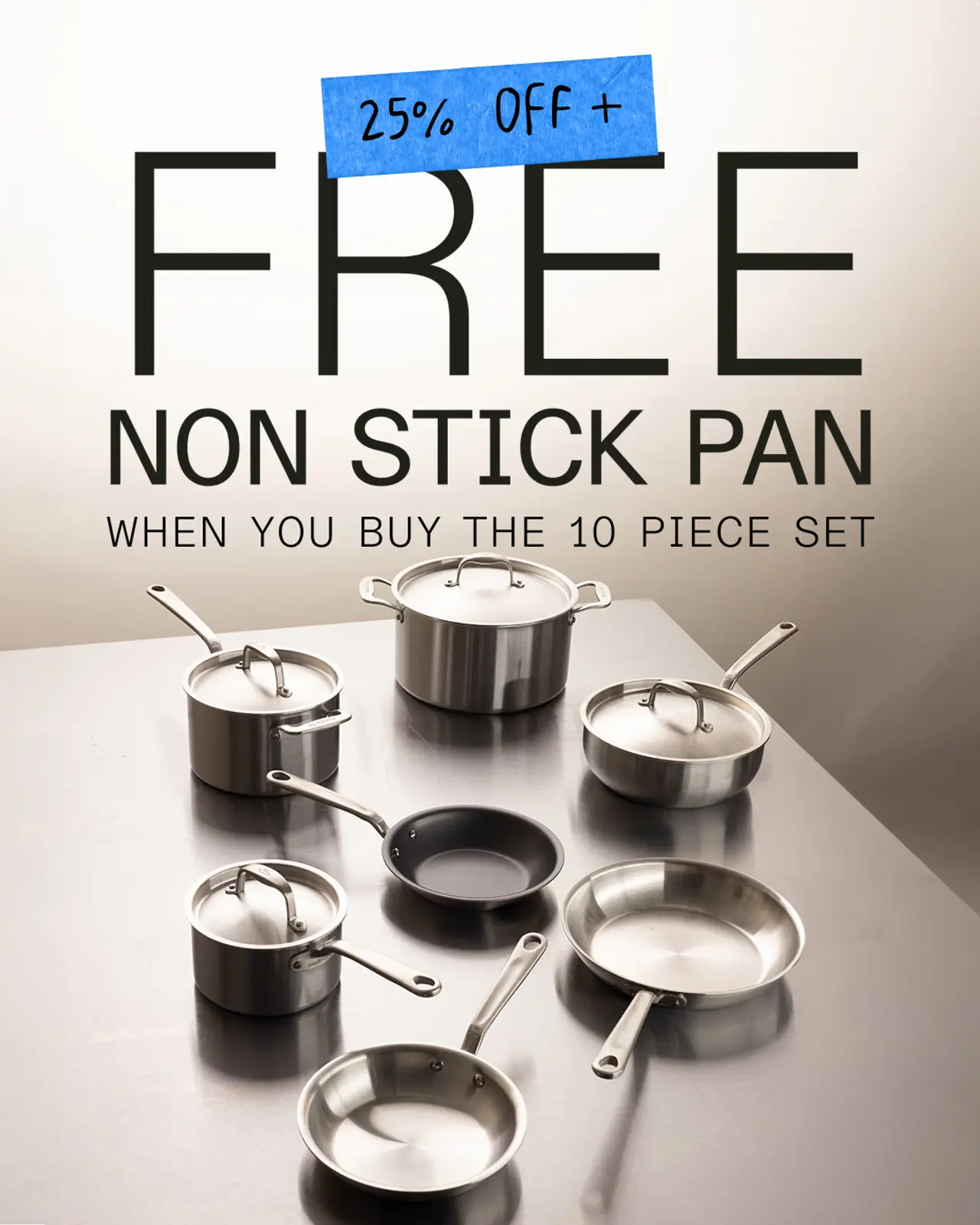 An advertisement offers a free non-stick pan and a 25% discount with the purchase of a 10-piece set of pots and pans.