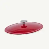 A red, circular pot lid with a stainless steel knob is shown on a white background.