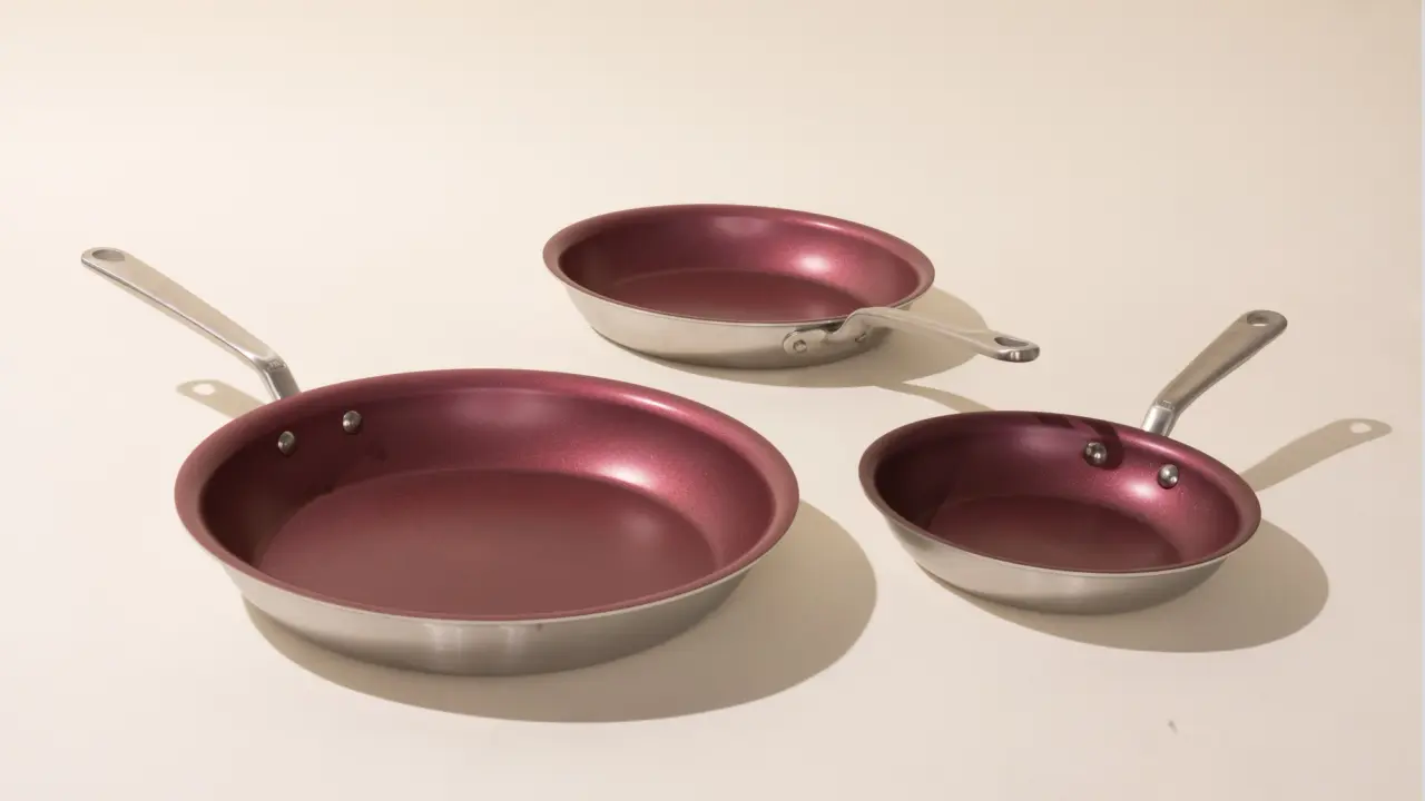 Three different-sized non-stick frying pans with a mauve interior and stainless steel handles arranged in ascending order.