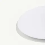 A plain white plate rests on a light background, taking up the lower portion of the frame with a soft shadow beneath it.