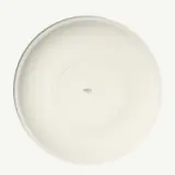 A plain white circular plate with "made in" text at the center.