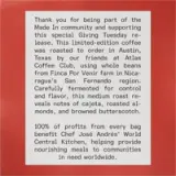 Text highlights a limited-edition coffee from Finca Por Venir farm in Nicaragua, roasted by Atlas Coffee Club in Austin, Texas, with proceeds benefiting Chef José Andrés’ World Central Kitchen.
