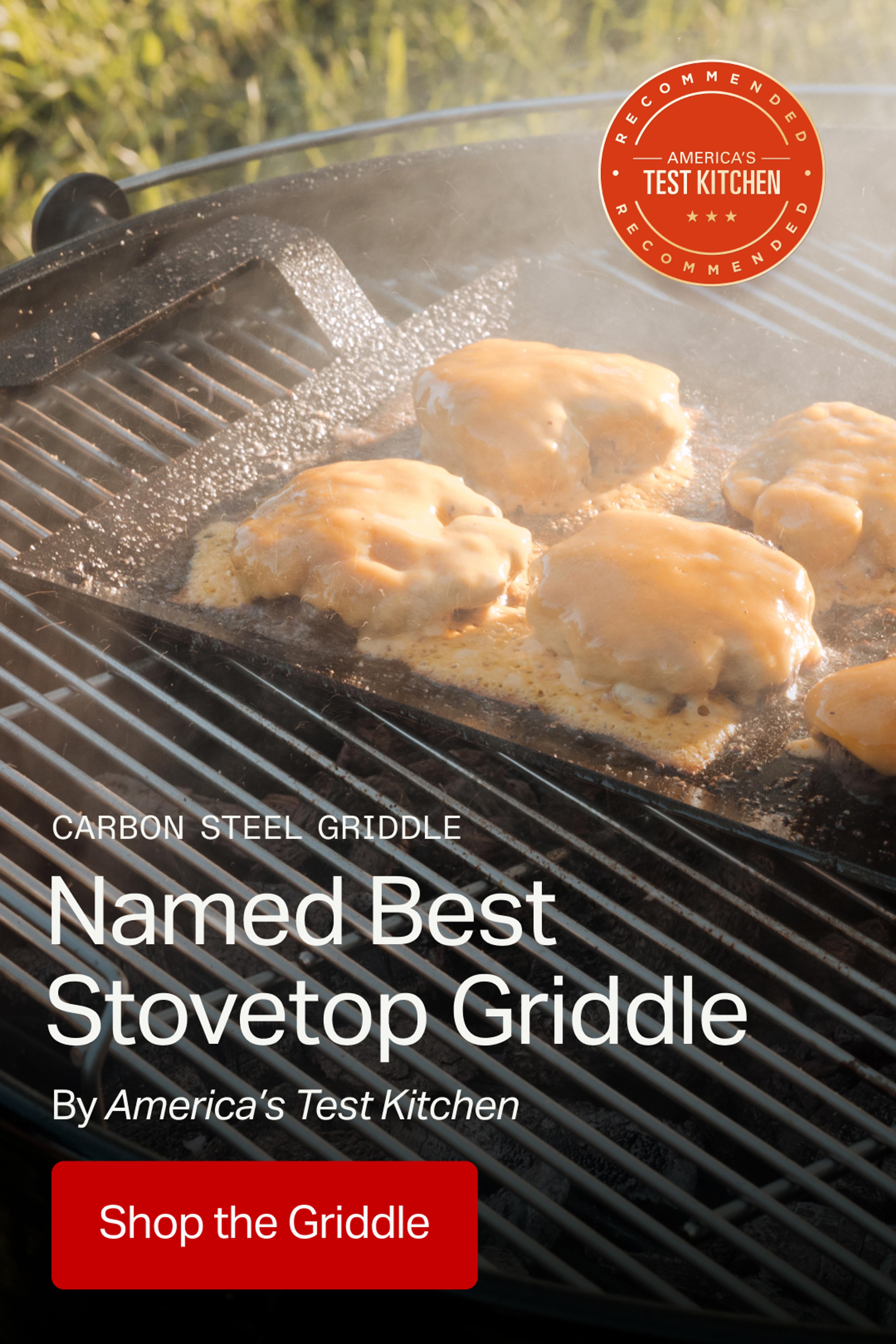 A carbon steel stovetop griddle is featured, showcasing cooking food with a label declaring it as "Named Best Stovetop Griddle" by America's Test Kitchen.