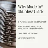 A stack of stainless steel cookware highlights its 5-ply pro-grade construction, safety from harmful chemicals, oven safety up to 800°F, and a lifetime warranty.