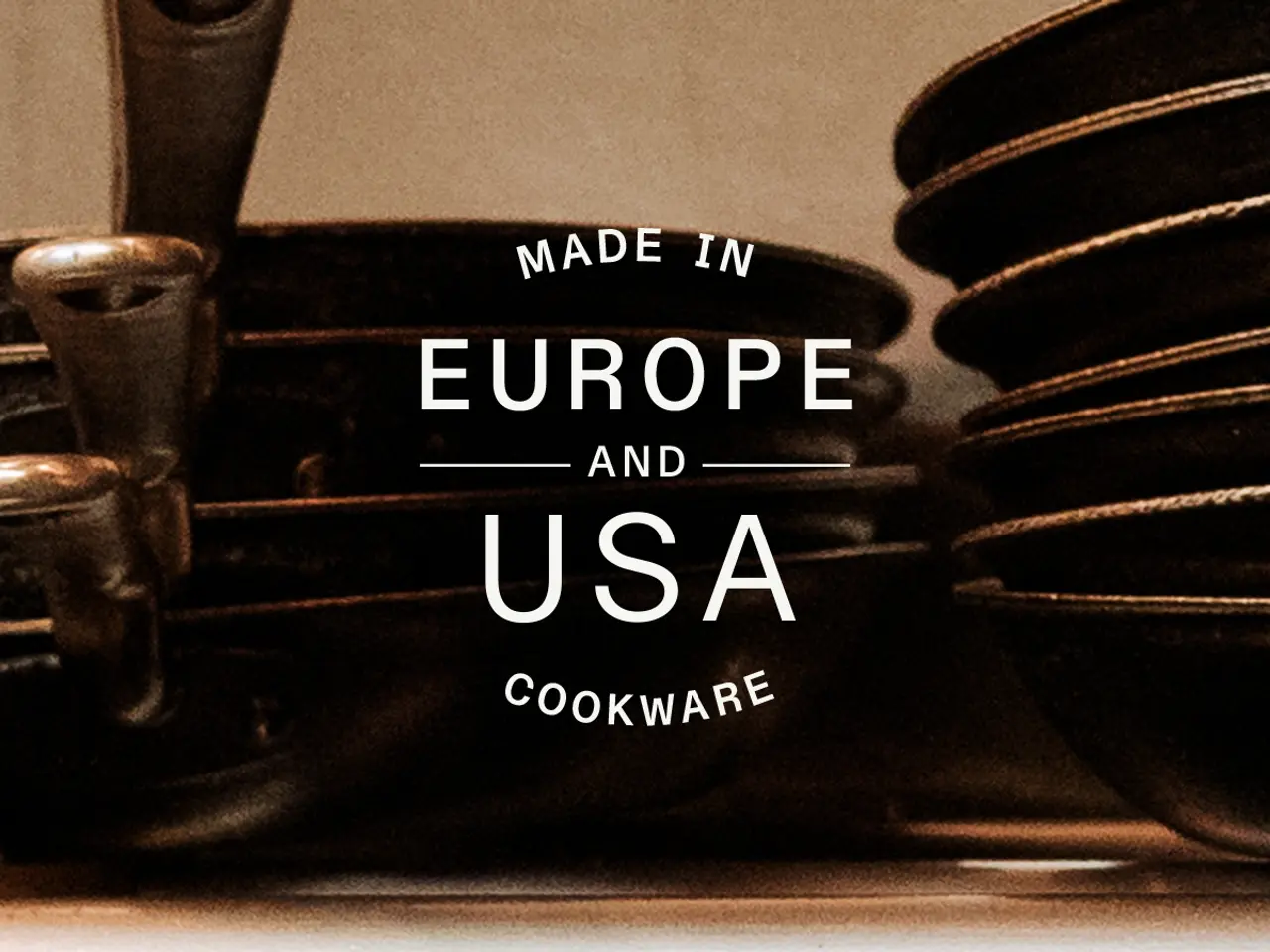 Stacked cookware with the text "Made in Europe and USA Cookware" superimposed on the image.