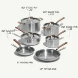 A collection of six stainless steel cookware pieces, including various saucepans and frying pans, each labeled with their sizes and features.