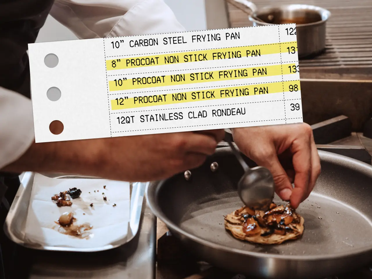 A chef prepares food in a kitchen while referencing a list of frying pans and their prices.