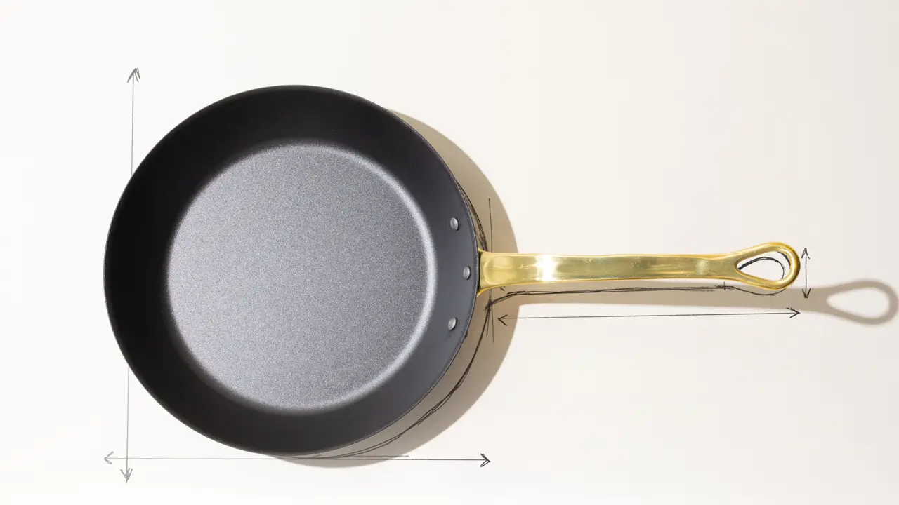 A frying pan with a gold-colored handle is shown from above with dimension lines indicating its measurements.