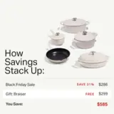 A promotional graphic showcases several cooking pots and pans, highlighting a Black Friday sale with savings of 31%, totaling $286, and including a free braiser valued at $299, resulting in a total savings of $585.
