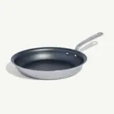 Silver-colored frying pan with a non-stick interior and a long handle.