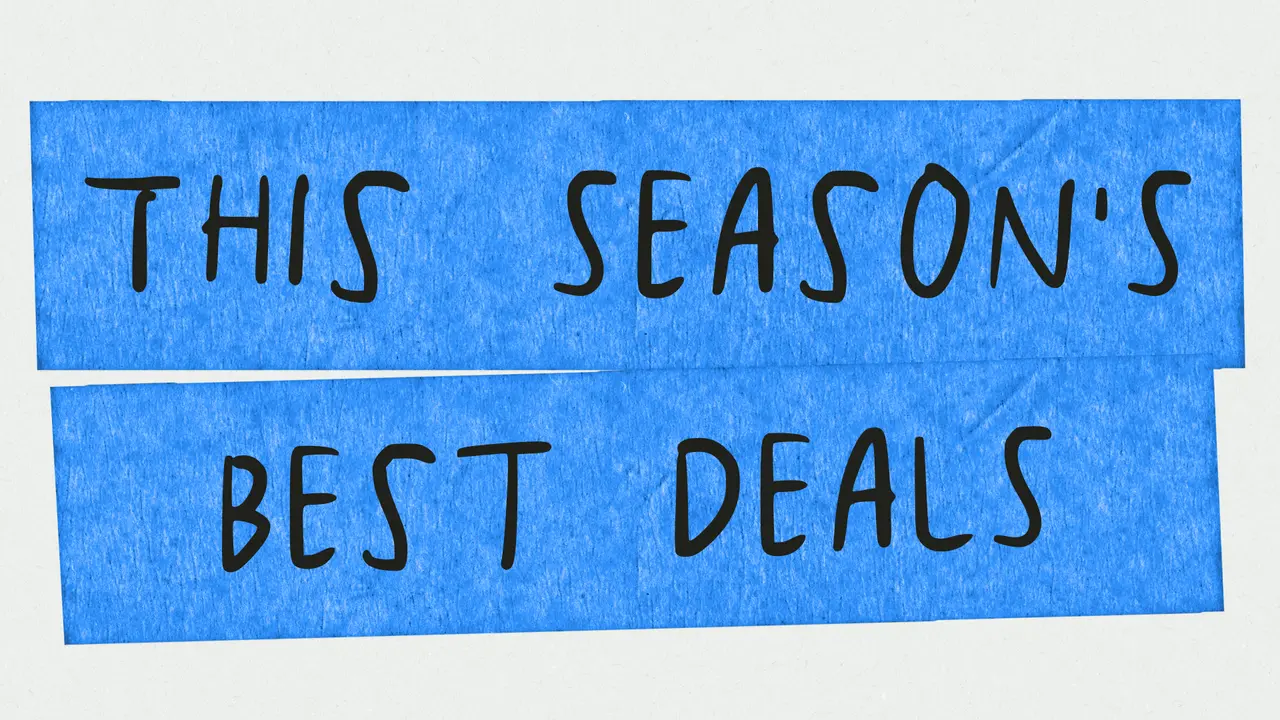 Handwritten text on a blue background reads "THIS SEASON'S BEST DEALS."