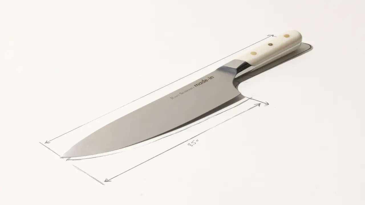 A chef's knife with dimensions marked lies on a white background.