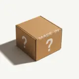 A brown cardboard box with a question mark printed on its side and the words "MADE IN" partially visible.