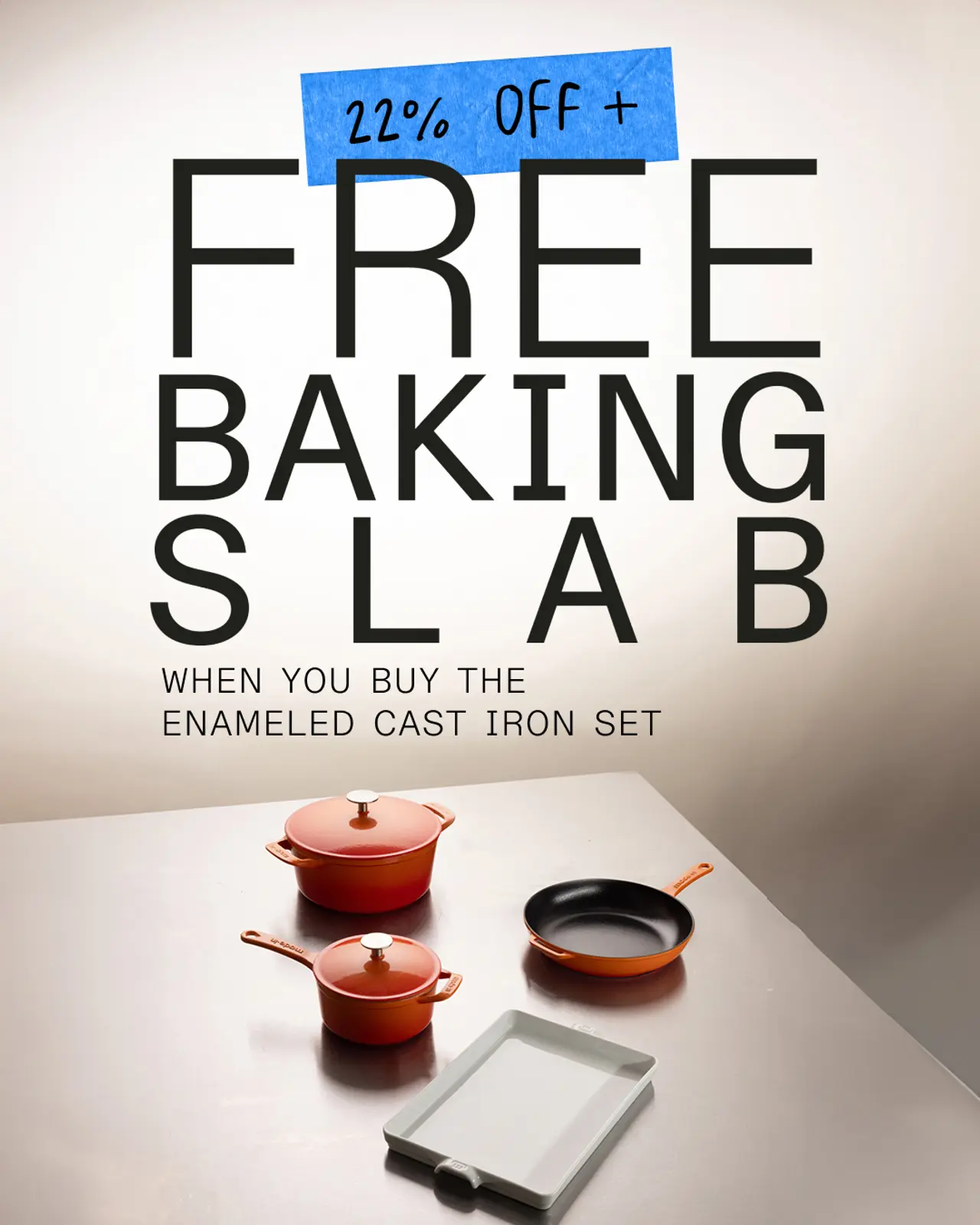 Promotional advertisement offering 22% off and a free baking slab with the purchase of an enameled cast iron set, featuring cookware in vibrant colors.