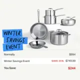 A collection of stainless steel cookware is displayed alongside promotional text highlighting a winter savings event, indicating a 25% discount from the original price of $994 to $749.99, saving customers $244.
