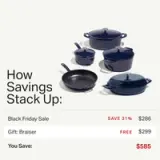 A collection of cookware in various sizes is displayed alongside savings information for a Black Friday sale, highlighting a total savings of $585.