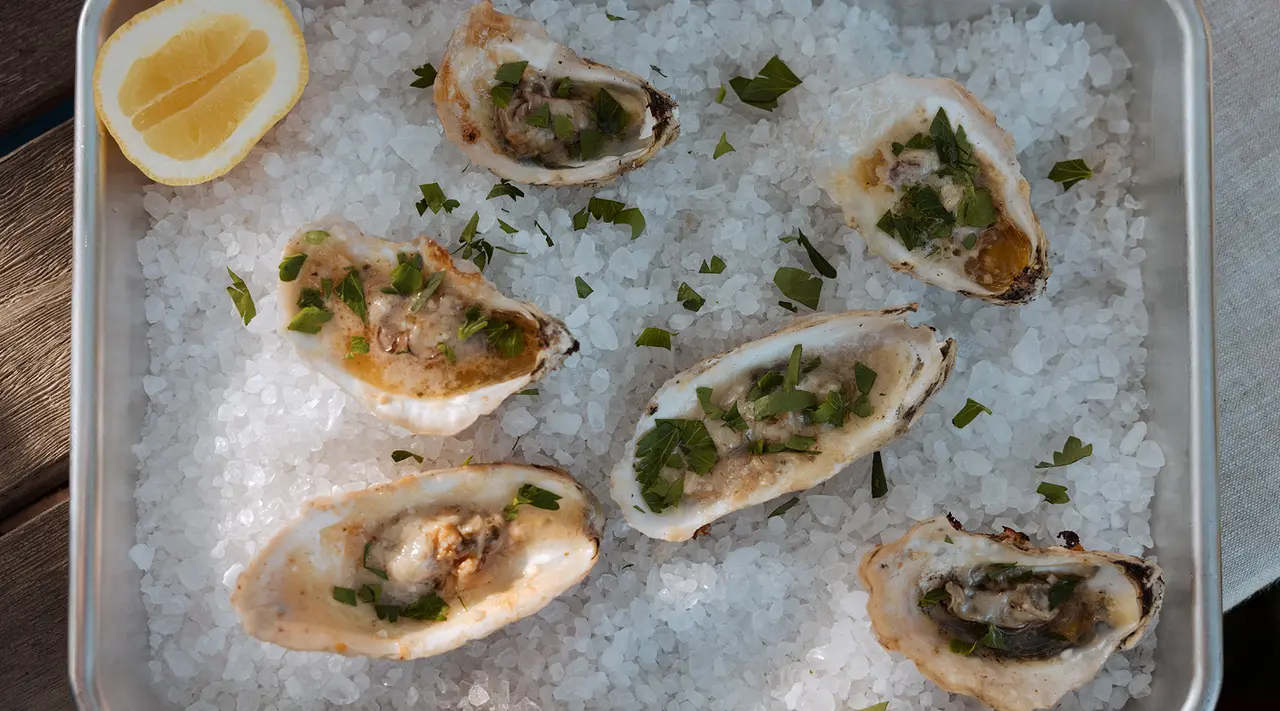 A platter of raw oysters garnished with herbs on a bed of crushed ice with lemon wedges on the side.