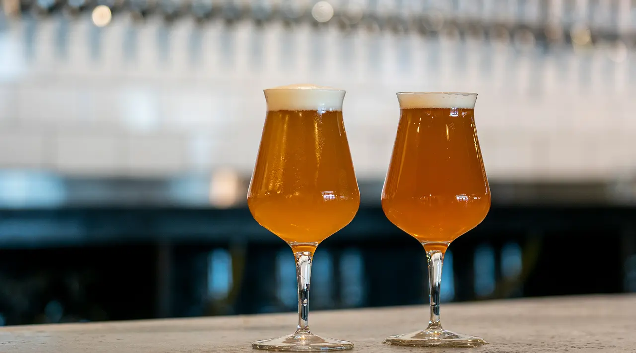 Two glasses of amber-colored beer with frothy tops are set on a bar with a row of taps in the background.