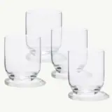 Four transparent glasses with round coasters are arranged together on a light background.