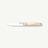 A sleek, modern knife features a shiny stainless steel blade and an elegant marbled handle.