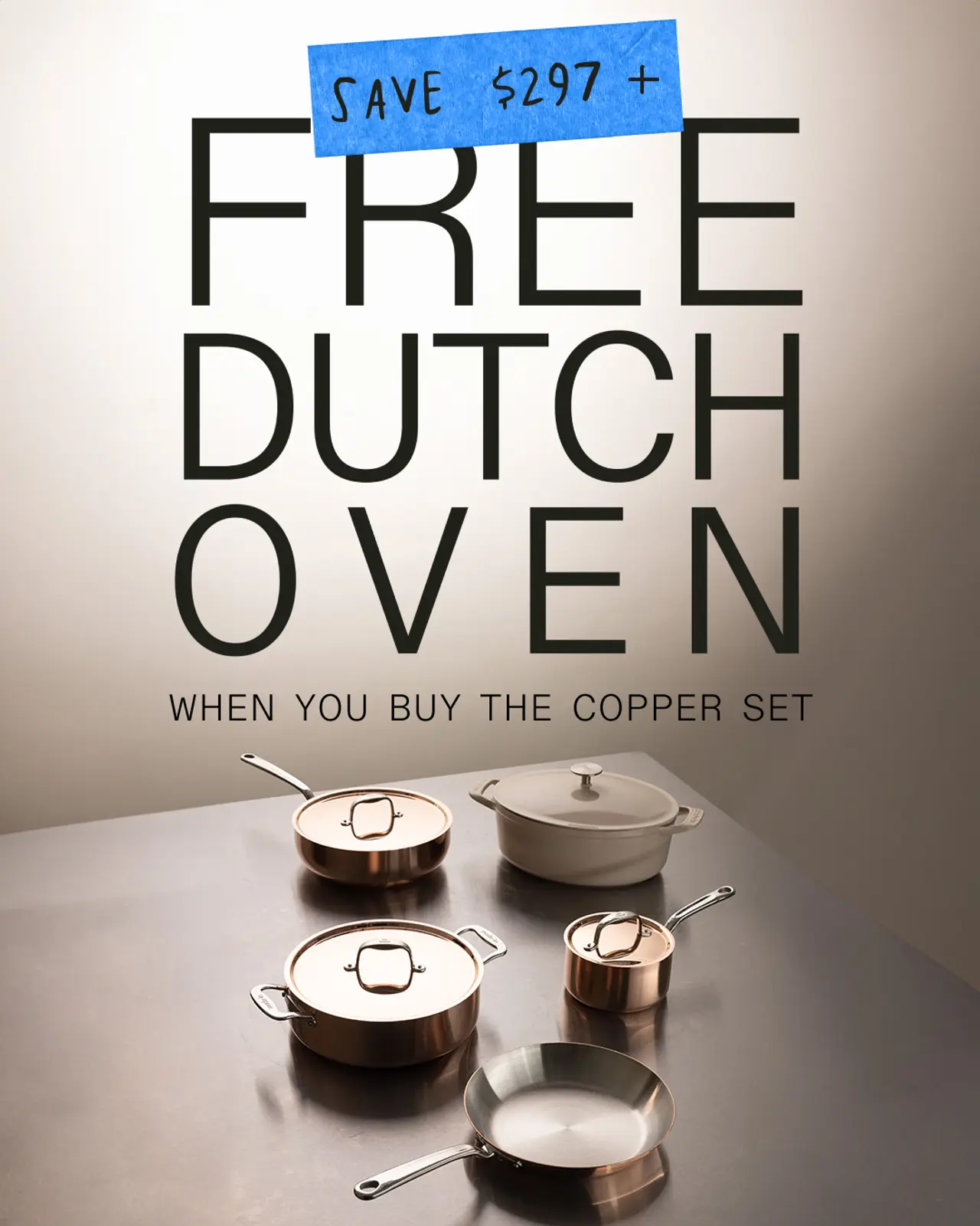 An advertisement offers a free Dutch oven, with savings over $297, when purchasing the featured copper set of cookware.