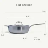 A 5-quart saucier with dimensions and weight displayed, featuring a sleek silver design and a lid.