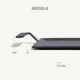 A flat, rectangular griddle with a handle, measuring 1.5 inches in height and 0.5 inches in depth, weighing 9.9 pounds.