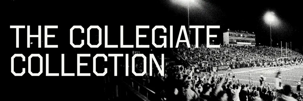 Text that reads "THE COLLEGIATE COLLECTION" is displayed over a background of an evening sports crowd at a stadium.