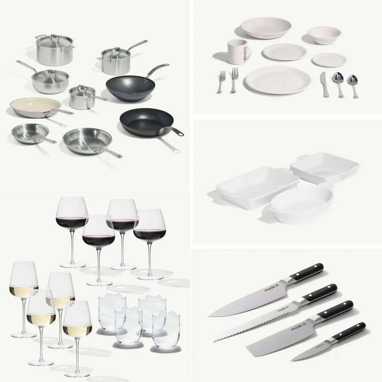 A collection of kitchenware, including pots, pans, plates, cutlery, glassware, and knives, arranged in a stylish layout.